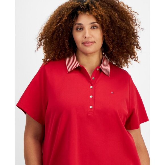 Tommy Hilfiger Plus Size 0X Striped-Collar Polo Shirt Red MSRP $70 - Picture 3 of 3